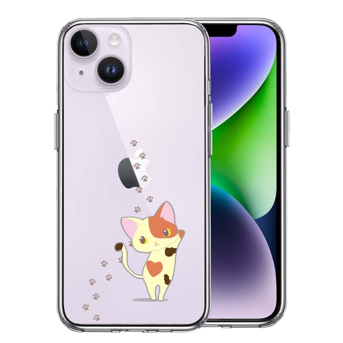 iPhone14 ケース クリア ジャケット 三毛猫 フットプリント スマホケース 側面ソフト 背面ハード ハイブリッド -0