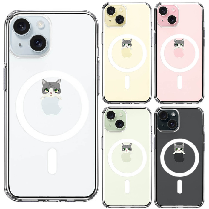 iPhone15 MagSafe対応 ケース クリア のっかり ネコ サバトラ スマホケース 側面ソフト 背面ハード ハイブリッド -1