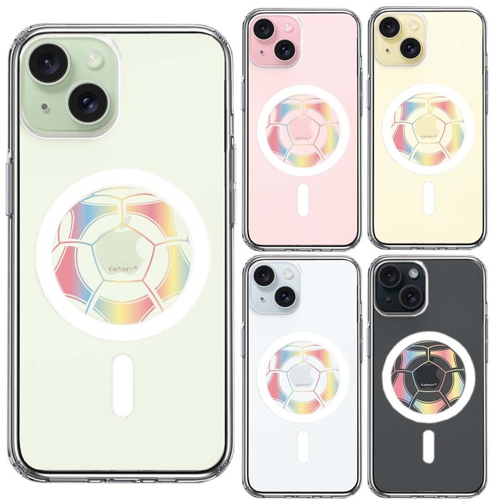 iPhone15 MagSafe対応 ケース クリア サッカーボール カラー スマホケース 側面ソフト 背面ハード ハイブリッド -1