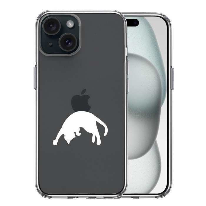 iPhone15Plus ケース クリア ねこ 猫 リンゴを乗せてみる ホワイト スマホケース 側面ソフト 背面ハード ハイブリッド -0