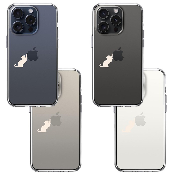 iPhone15Pro ケース クリア 猫 リンゴ キャッチ ホワイト スマホケース 側面ソフト 背面ハード ハイブリッド -1