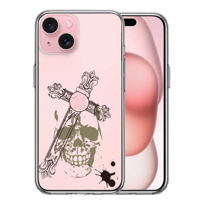 iPhone15Plus ケース クリア クロス ＆スカル スマホケース 側面ソフト 背面ハード ハイブリッド -0