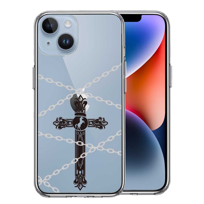 iPhone14Plus ケース クリア クロス ＆チェーン スマホケース 側面ソフト 背面ハード ハイブリッド -0