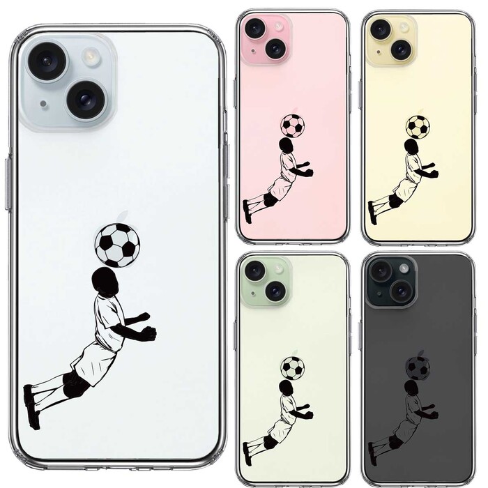 iPhone15 ケース クリア サッカー ヘディング 男子 黒 スマホケース 側面ソフト 背面ハード ハイブリッド -1