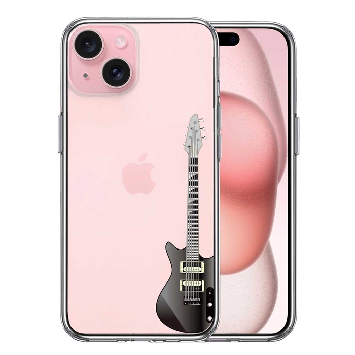iPhone15Plus ケース クリア エレキギター　黒 スマホケース 側面ソフト 背面ハード ハイブリッド -0