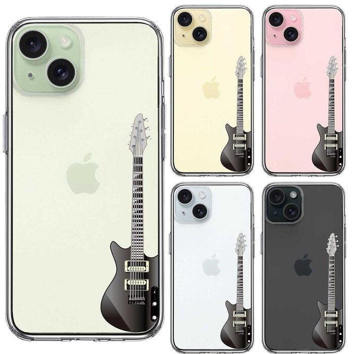 iPhone15Plus ケース クリア エレキギター　黒 スマホケース 側面ソフト 背面ハード ハイブリッド -1