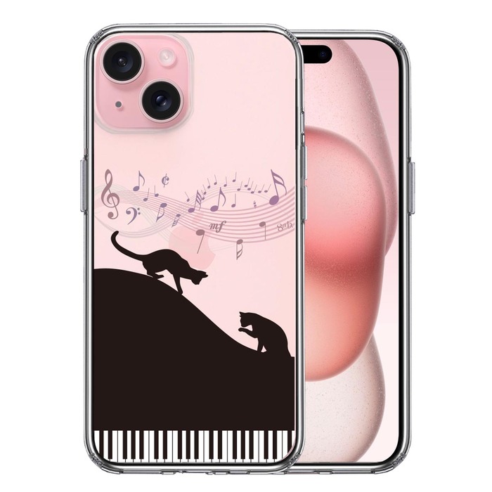 iPhone15Plus ケース クリア ピアノ シルエット猫 ブラック スマホケース 側面ソフト 背面ハード ハイブリッド -0