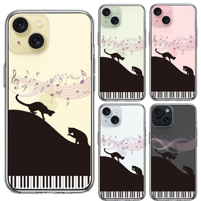 iPhone15Plus ケース クリア ピアノ シルエット猫 ブラック スマホケース 側面ソフト 背面ハード ハイブリッド -1