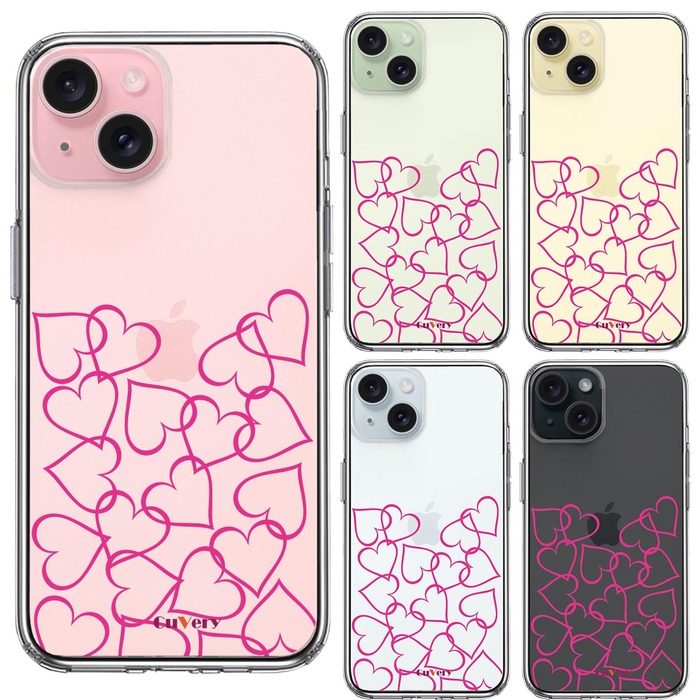 iPhone15Plus ケース クリア CuVery ハート ピンク スマホケース 側面ソフト 背面ハード ハイブリッド -1