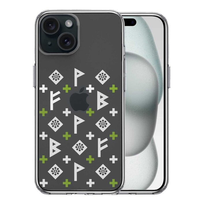 iPhone15Plus ケース クリア ルーン 文字 緑 スマホケース 側面ソフト 背面ハード ハイブリッド -0