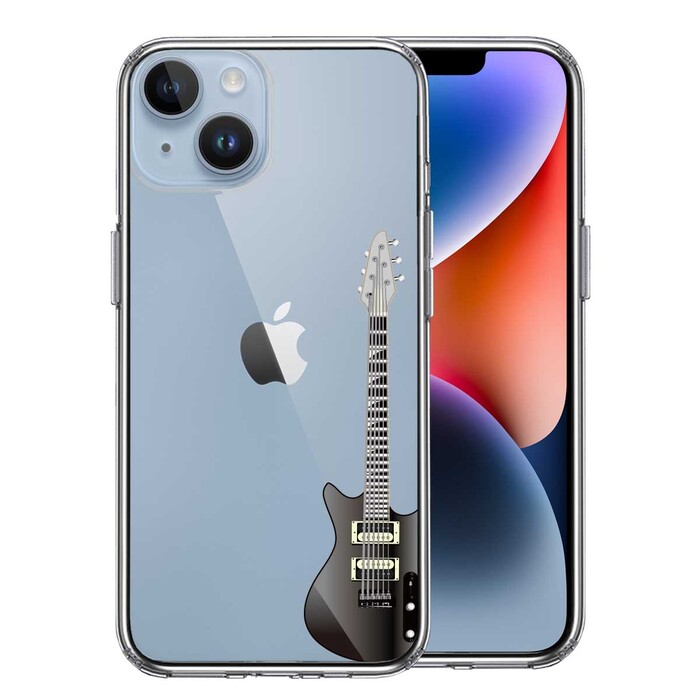 iPhone14Plus ケース クリア エレキギター　黒 スマホケース 側面ソフト 背面ハード ハイブリッド -0