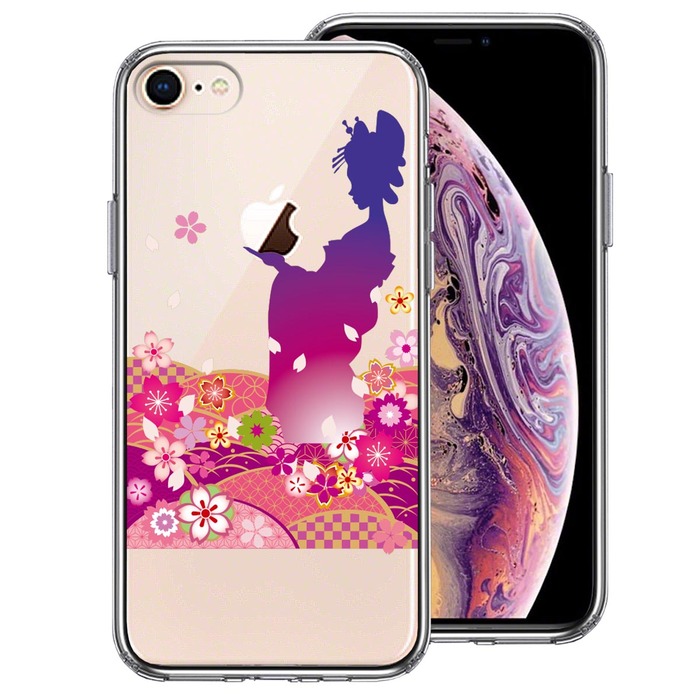 iPhone8 ケース クリア 日本女性 着物少女 青紫 スマホケース 側面ソフト 背面ハード ハイブリッド -0