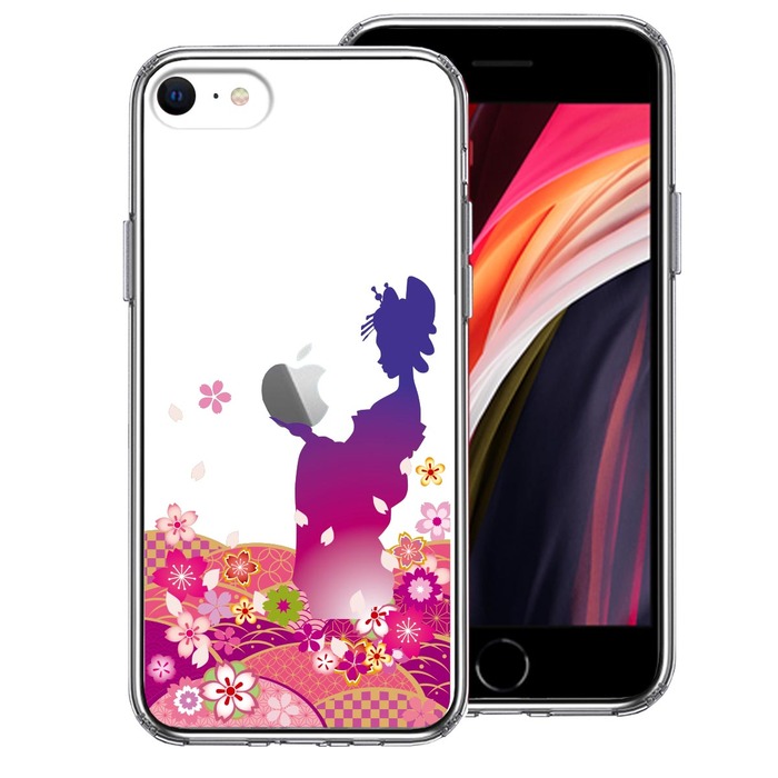 iPhoneSE ケース 第3世代 第2世代 クリア 日本女性 着物少女 青紫 スマホケース 側面ソフト 背面ハード ハイブリッド -0