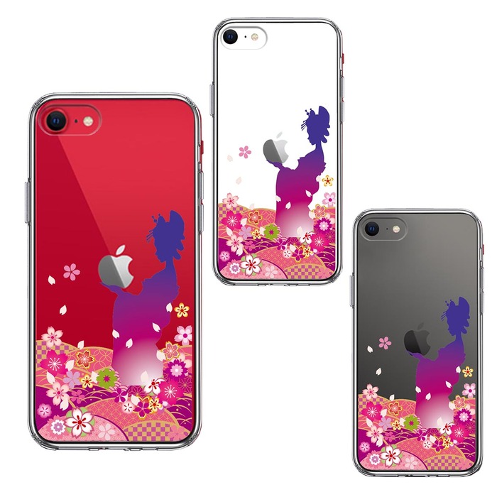 iPhoneSE ケース 第3世代 第2世代 クリア 日本女性 着物少女 青紫 スマホケース 側面ソフト 背面ハード ハイブリッド -1