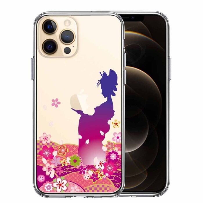 iPhone12Pro ケース クリア 日本女性 着物少女 青紫 スマホケース 側面ソフト 背面ハード ハイブリッド -0