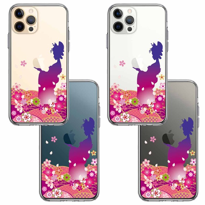 iPhone12Pro ケース クリア 日本女性 着物少女 青紫 スマホケース 側面ソフト 背面ハード ハイブリッド -1