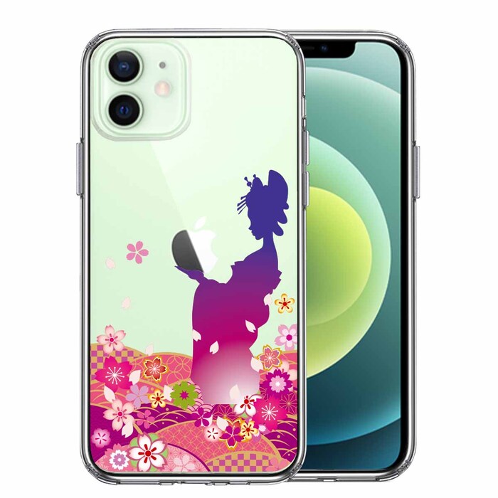 iPhone12mini case clear Japan woman kimono young lady blue purple smartphone case side soft the back side hard hybrid -0