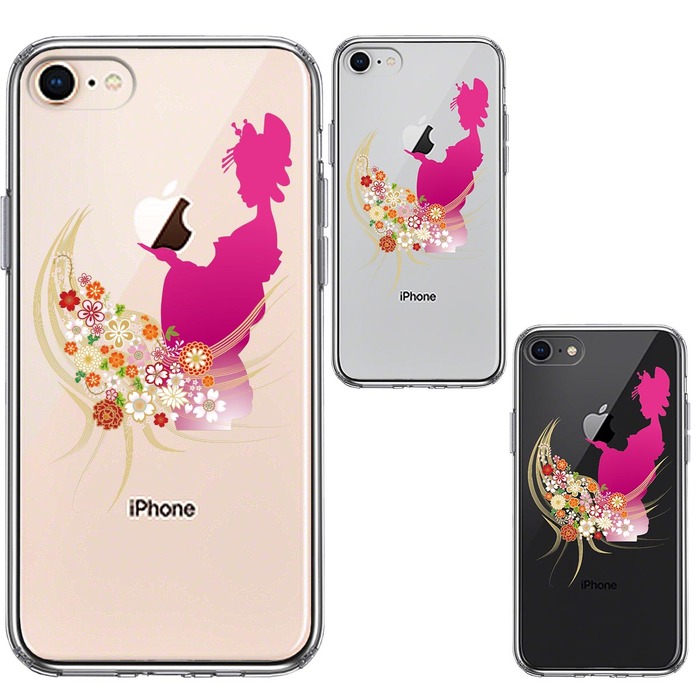 iPhone8 ケース クリア 日本女性 着物少女 スマホケース 側面ソフト 背面ハード ハイブリッド -1