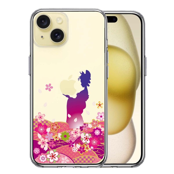 iPhone15Plus ケース クリア 日本女性 着物少女 青紫 スマホケース 側面ソフト 背面ハード ハイブリッド -0