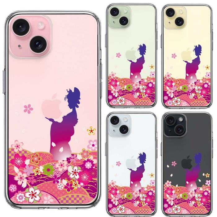 iPhone15Plus ケース クリア 日本女性 着物少女 青紫 スマホケース 側面ソフト 背面ハード ハイブリッド -1