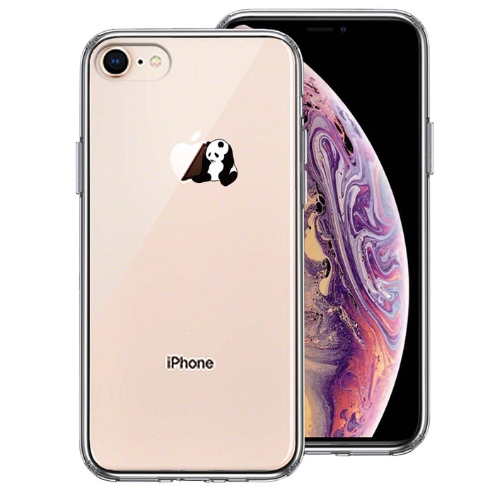 iPhone8 ケース クリア パンダ りんごにもたれる スマホケース 側面ソフト 背面ハード ハイブリッド -0