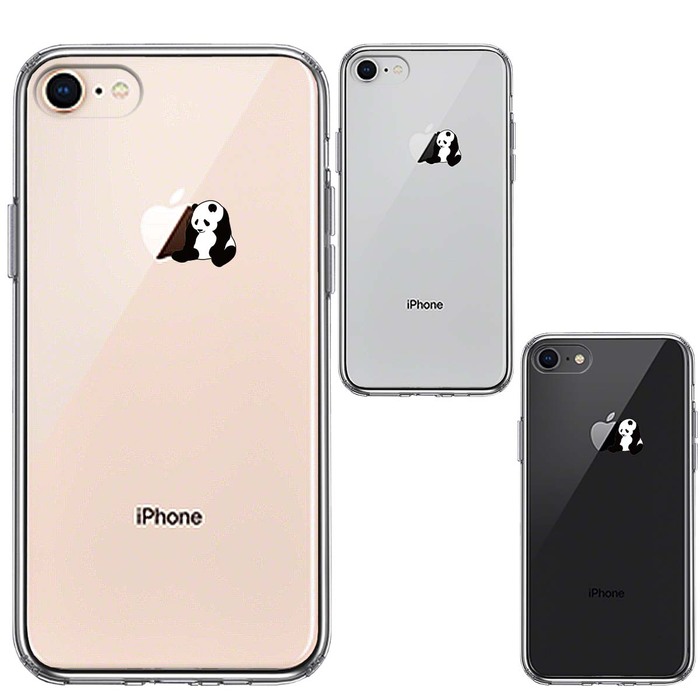 iPhone8 ケース クリア パンダ りんごにもたれる スマホケース 側面ソフト 背面ハード ハイブリッド -1