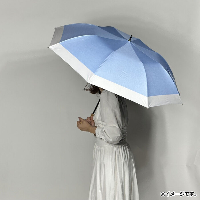 晴雨兼用ショートワイド傘 裏黒コーティング ダンガリー風切継プリント サックスブルー×オフ-2