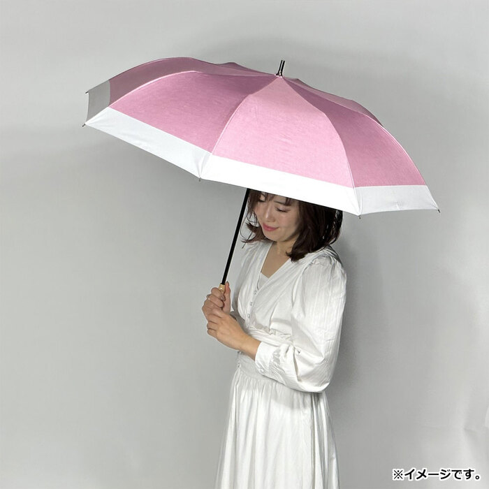 晴雨兼用ショートワイド傘 裏黒コーティング ダンガリー風切継プリント コーラルピンク×オフ-2