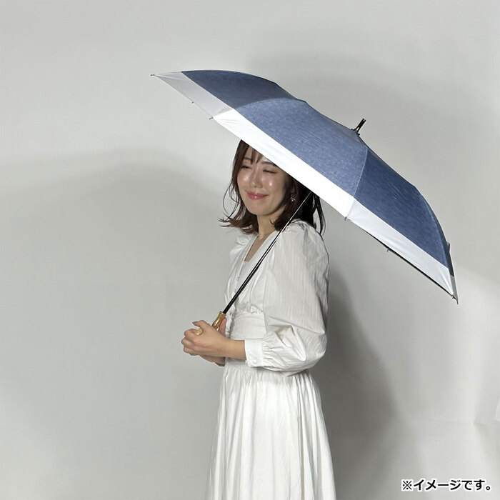 晴雨兼用ショートワイド傘 裏黒コーティング ダンガリー風切継プリント インディゴ×オフ-2