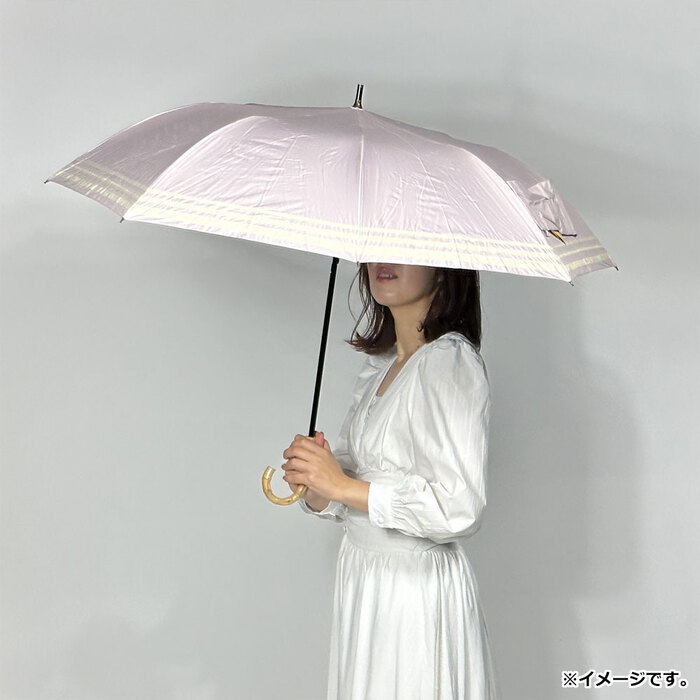 晴雨兼用ショートワイド傘 竹手元 裏黒コーティング マリンボーダー ピンク-2
