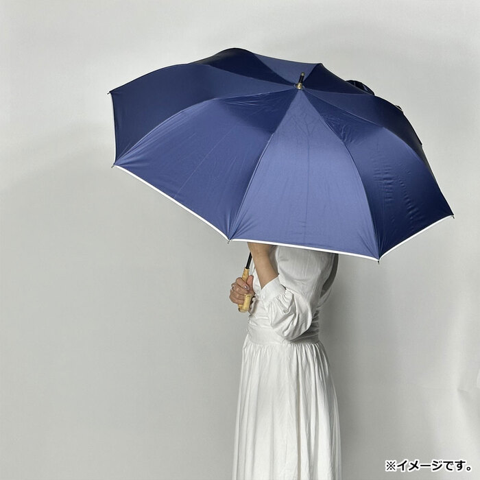 晴雨兼用ショートワイド傘 竹手元 裏黒コーティング 無地裾パイピング ネイビー-2