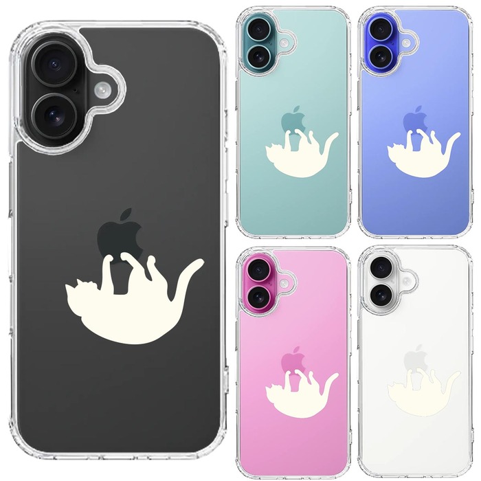 iPhone16 ケース クリア ぶらさがりネコ ホワイト スマホケース 側面ソフト 背面ハード ハイブリッド -1