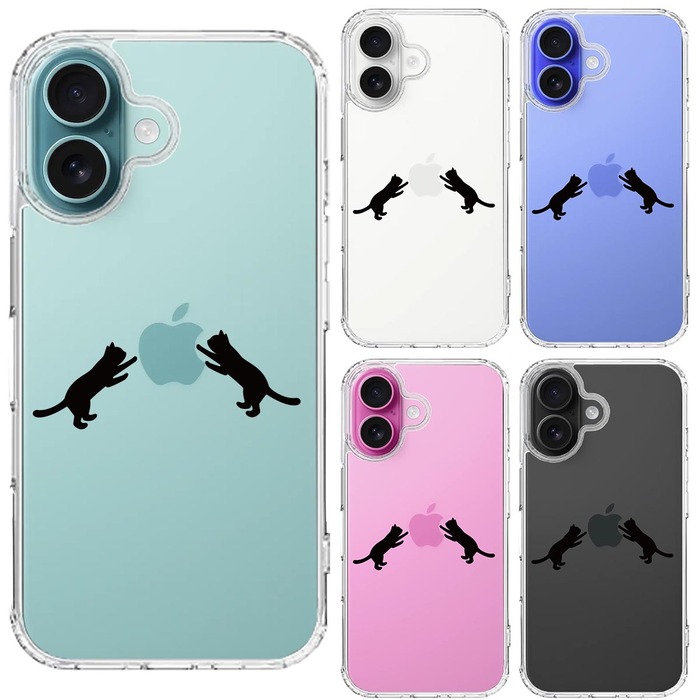 iPhone16 ケース クリア にゃんこ ねこ りんご 取り合い 黒 スマホケース 側面ソフト 背面ハード ハイブリッド -1