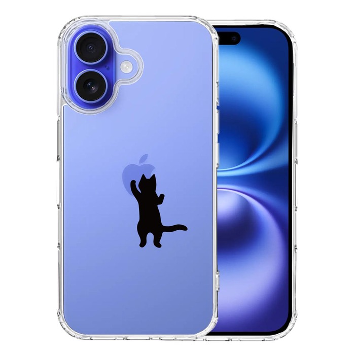 iPhone16 ケース クリア にゃんこ りんご さわさわ 黒 スマホケース 側面ソフト 背面ハード ハイブリッド -0