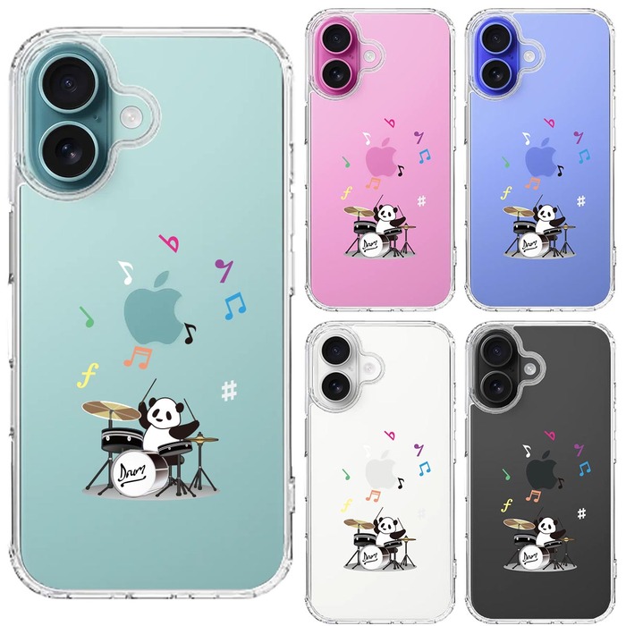 iPhone16 ケース クリア ドラム パンダ 音符 スマホケース 側面ソフト 背面ハード ハイブリッド -1