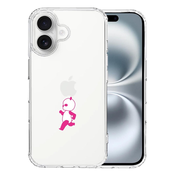 iPhone16 ケース クリア ピンク Panda パンダ 小走り スマホケース 側面ソフト 背面ハード ハイブリッド -0