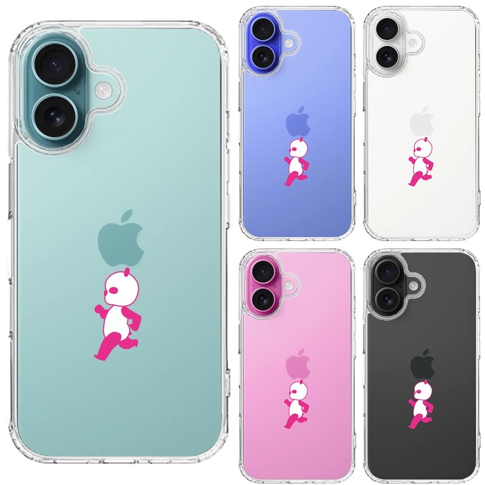 iPhone16 ケース クリア ピンク Panda パンダ 小走り スマホケース 側面ソフト 背面ハード ハイブリッド -1