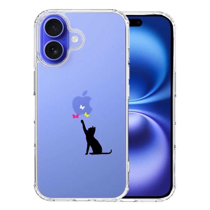 iPhone16 ケース クリア 猫 CAT ねこ 蝶々 ブラック スマホケース 側面ソフト 背面ハード ハイブリッド -0