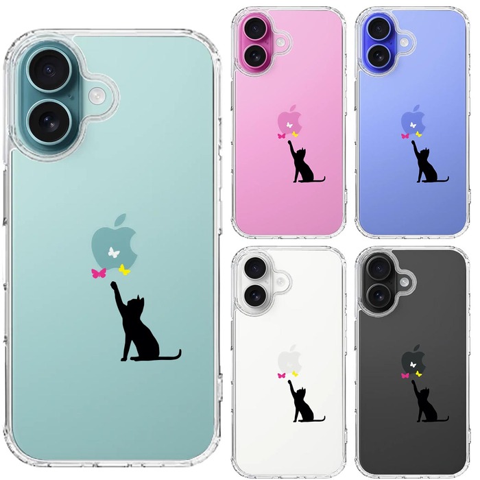 iPhone16 ケース クリア 猫 CAT ねこ 蝶々 ブラック スマホケース 側面ソフト 背面ハード ハイブリッド -1