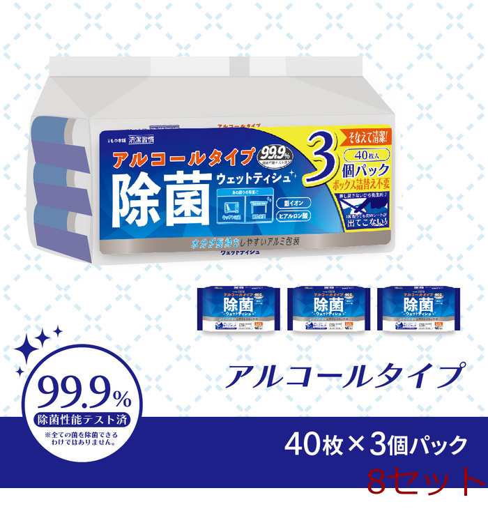 清潔習慣 除菌ウエットティシュ アルコールタイプ 40枚入×3個パック 8セット-0