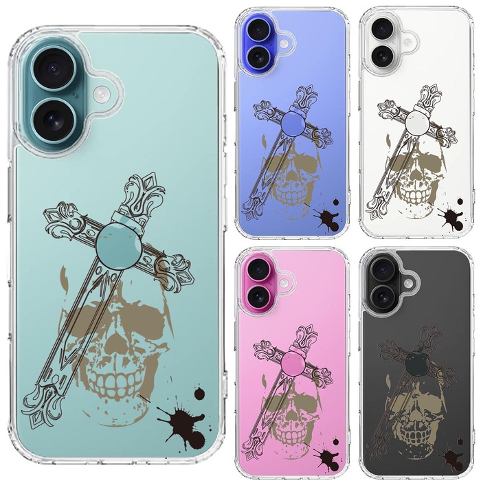 iPhone16 ケース クリア クロス ＆スカル スマホケース 側面ソフト 背面ハード ハイブリッド -1