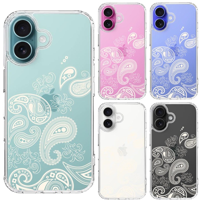 iPhone16 ケース クリア ペイズリー 柄 クリーム色 スマホケース 側面ソフト 背面ハード ハイブリッド -1