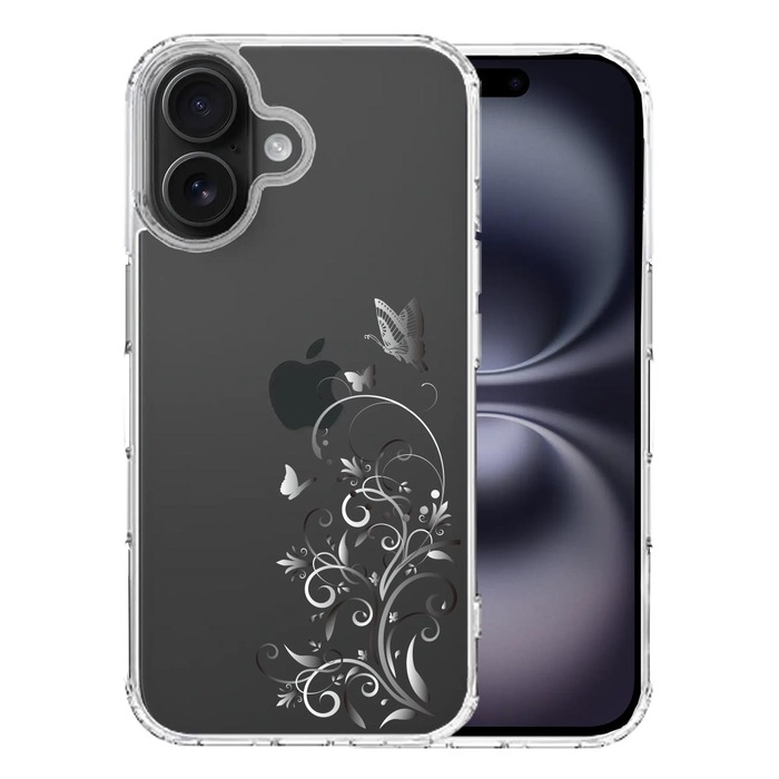 iPhone16 ケース クリア フローラル ＆ バタフライ グレー スマホケース 側面ソフト 背面ハード ハイブリッド -0