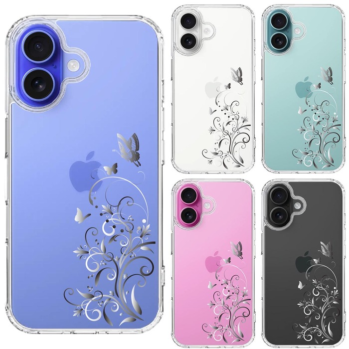 iPhone16 ケース クリア フローラル ＆ バタフライ グレー スマホケース 側面ソフト 背面ハード ハイブリッド -1