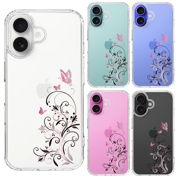 iPhone16 ケース クリア フローラル バタフライ ピンク スマホケース 側面ソフト 背面ハード ハイブリッド -1
