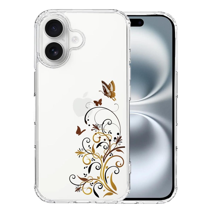 iPhone16 ケース クリア フローラル バタフライ ブラウン スマホケース 側面ソフト 背面ハード ハイブリッド -0