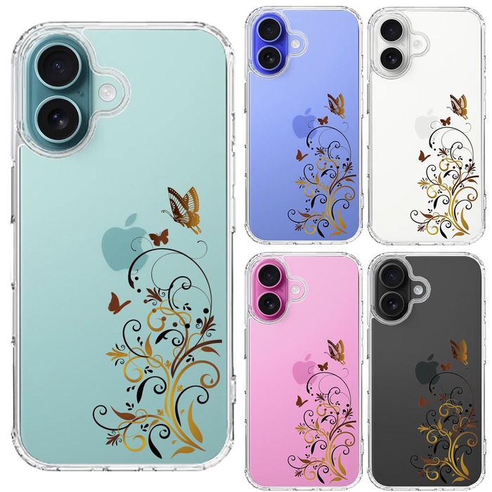iPhone16 ケース クリア フローラル バタフライ ブラウン スマホケース 側面ソフト 背面ハード ハイブリッド -1