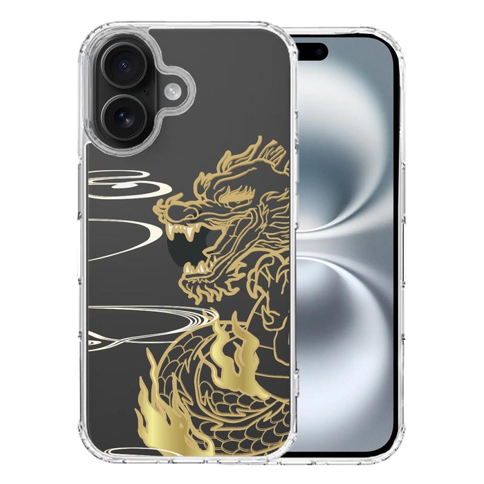 iPhone16 ケース クリア 龍 竜 ドラゴン ゴールド スマホケース 側面ソフト 背面ハード ハイブリッド -0