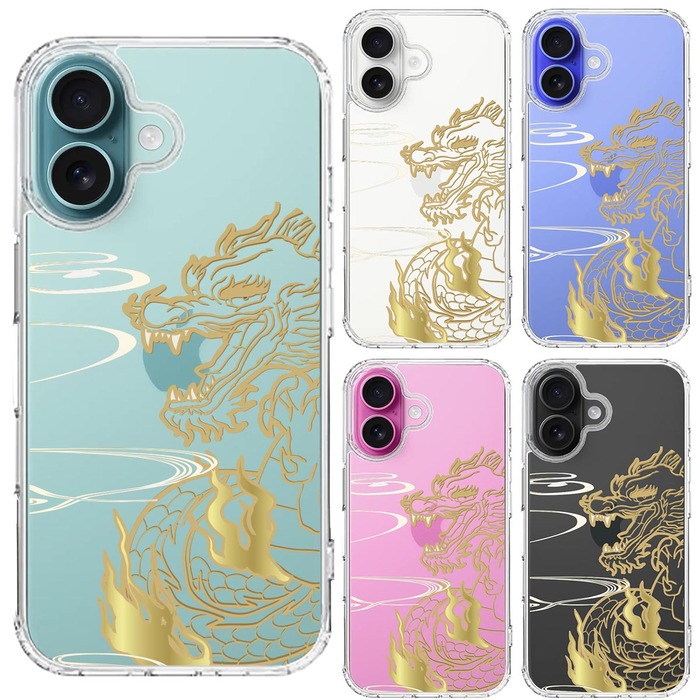 iPhone16 ケース クリア 龍 竜 ドラゴン ゴールド スマホケース 側面ソフト 背面ハード ハイブリッド -1