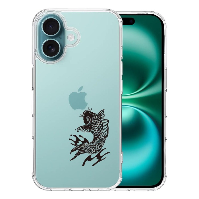 iPhone16 ケース クリア 黒鯉 スマホケース 側面ソフト 背面ハード ハイブリッド -0